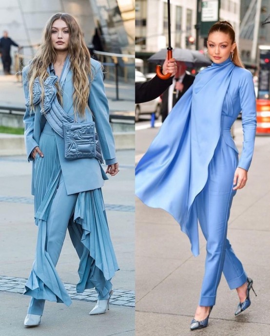 В этой подборке нарядов модель Джиджи Хадид собрала все оттенки голубого и синего