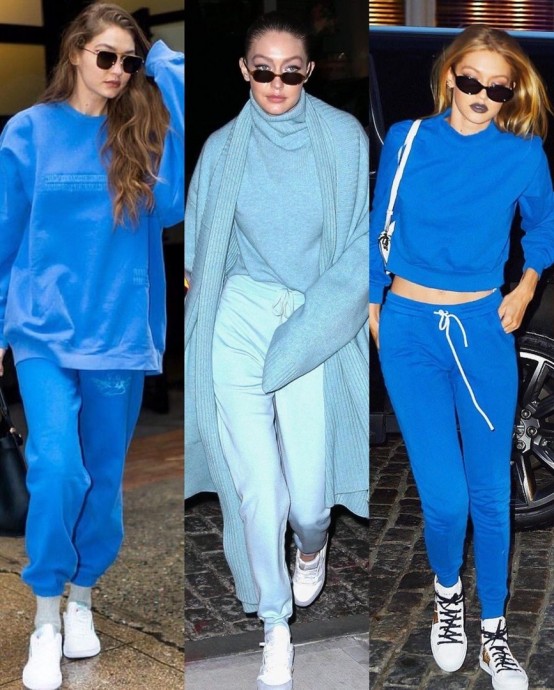 В этой подборке нарядов модель Джиджи Хадид собрала все оттенки голубого и синего