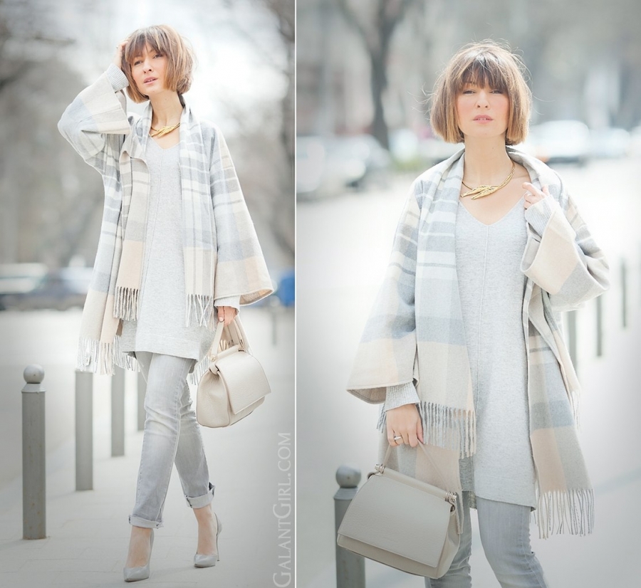 Замечательный образ в нежно-серых тонах от fashion-блоггера Елены Галант.