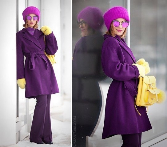 Идеи сочетаний с фиолетовым пальто.