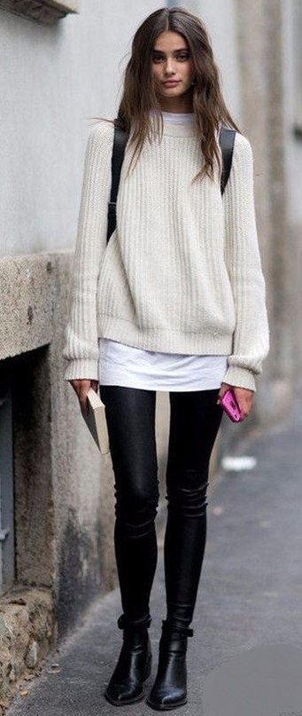 Белые свитера размера oversize и сочетания с ними